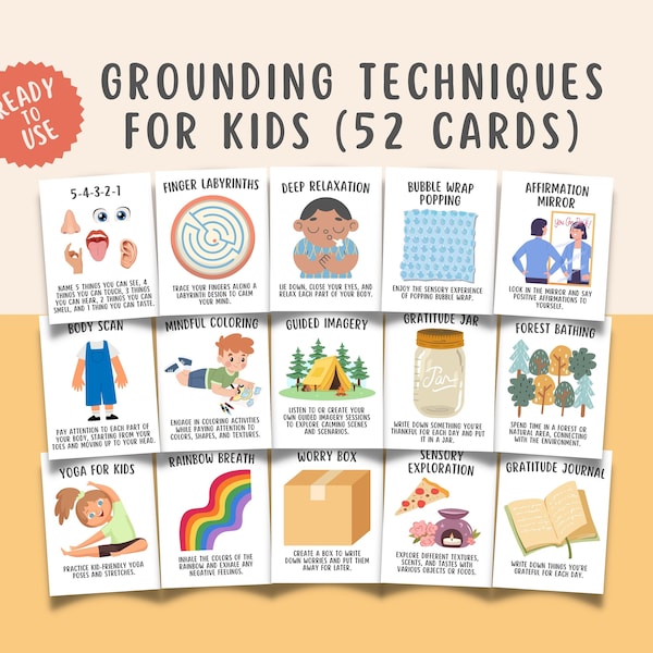 52 Grounding Techniques Flashcards Coping Strategies Children Self Regulation Calming Corner Print School Counselor Office Social Worker PDF