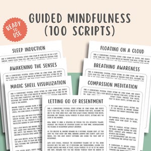100 guiones de atención plena guiada, meditación guiada de relajación, técnicas de afrontamiento de la ansiedad, técnicas de conexión a tierra, terapia de curación del trauma somático