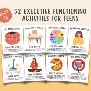 52 ADHD Executive Functioning Activity Flashcards For Teens, Executive Functioning Wheel, Managing ADHD, Self Regulation, Attention Deficit