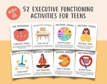 52 ADHD Executive Functioning Activity Flashcards For Teens, Executive Functioning Wheel, Managing ADHD, Self Regulation, Attention Deficit