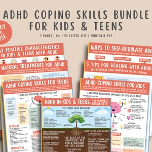 Paquete de habilidades de afrontamiento del TDAH para niños adolescentes (juego de 7 páginas) Recurso de afiches de salud mental para niños, Trastorno por déficit de atención e hiperactividad PDF