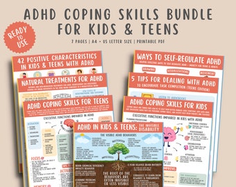 ADHD Coping Skills Bundle for Kids Teens (7 Pages Set) Mental Health Children Poster Resource, Attention Deficit Hyper Activity Disorder PDF