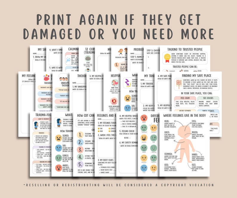 Trauma Focused Worksheets + Cheatsheet for Kids (26 Pages), Unhelpful Thoughts, Emotional Regulation, CBT Coping Skills, Child Counseling