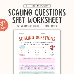 Könnte beinhalten: Ein druckbares Arbeitsblatt mit einer Skala von 1 bis 10 zur Bewertung des Fortschritts in Richtung eines Ziels. Das Arbeitsblatt trägt den Titel "Scaling Questions SFBT Worksheet" und enthält den Text "A scale from 1 to 10, with 10 representing the best it can be and 1 the worse." Das Arbeitsblatt enthält eine visuelle Skala mit einer Wolke am linken Ende und einem Ziel am rechten Ende. Das Arbeitsblatt ist für die Verwendung in der lösungsorientierten Kurzzeittherapie (SFBT) konzipiert.