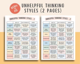 May include: A printable worksheet with a pink, blue and yellow colour scheme. The worksheet is titled "Unhelpful Thinking Styles" and is divided into two pages. Each page has a table with a list of unhelpful thinking styles, descriptions of each style, and suggestions for how to challenge them.