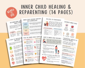 May include: A set of printable worksheets for inner child healing and re-parenting. The worksheets feature illustrations and text about self-compassion, forgiveness, wounded inner child, and the impact of childhood trauma. The title of the set is "Inner Child Healing & Re-Parenting (14 Pages)".