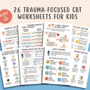 Trauma Focused CBT Worksheets + Cheatsheet for Kids (26 Pages), Unhelpful Thoughts, Emotional Regulation, Coping Skills, Child Counseling