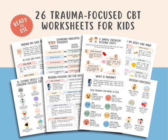 Trauma Focused CBT Worksheets + Cheatsheet for Kids (26 Pages), Unhelpful Thoughts, Emotional Regulation, Coping Skills, Child Counseling