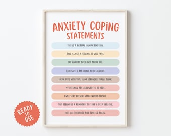 Anxiety coping statements poster, challenging negative thoughts, ways to stay calm, calming techniques, feelings poster, anti anxiety