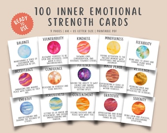 100 Inner Emotional Strength Cards, Self Esteem Resilience Mental Health Personal Growth Group Therapy Office Decor, CBT Tool, DBT Coping