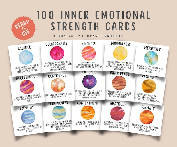 100 Inner Emotional Strength Cards, Self Esteem Resilience Mental Health Personal Growth Group Therapy Office Decor, CBT Tool, DBT Coping