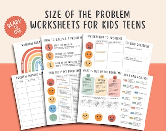 May include: A set of printable worksheets for kids and teens to help them learn how to solve problems. The worksheets include activities like rainbow breathing, stating the problem, outlining choices, looking at the pros and cons, and identifying the size of the problem. The worksheets feature colorful illustrations and a fun, engaging design.