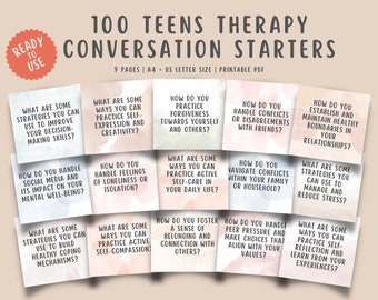 100 Teens Therapy Questions Cards Conversation Starters Mental Health Counseling Flashcards, DBT CBT Anxiety Cards Children Journal Prompts