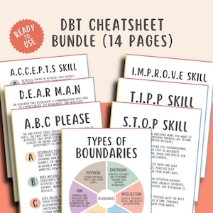 Lot d'aide-mémoire pour la DBT (14 pages), feuilles de travail sur la thérapie comportementale dialectique, santé mentale à imprimer, documents sur les compétences en DBT, outils de thérapie PDF