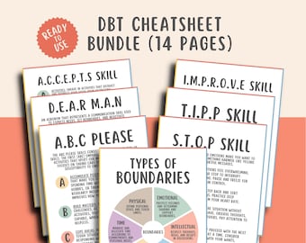 Pacchetto di schede riassuntive sulla DBT (14 pagine), schede di lavoro sulla terapia dialettico-comportamentale, materiale stampabile sulla salute mentale, dispense sulle competenze DBT, strumenti terapeutici in formato PDF