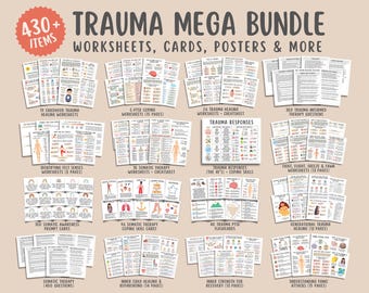 May include: A collection of printable worksheets, cards, and posters for trauma healing. The image shows a variety of resources, including worksheets on childhood trauma, somatic therapy, and trauma responses. There are also prompt cards, flashcards, and a cheatsheet. The text on the image reads "430+ ITEMS TRAUMA MEGA BUNDLE WORKSHEETS, CARDS, POSTERS & MORE".
