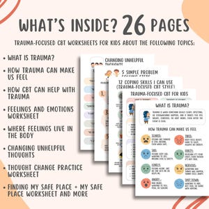 Trauma Focused CBT Worksheets + Cheatsheet for Kids (26 Pages), Unhelpful Thoughts, Emotional Regulation, Coping Skills, Child Counseling