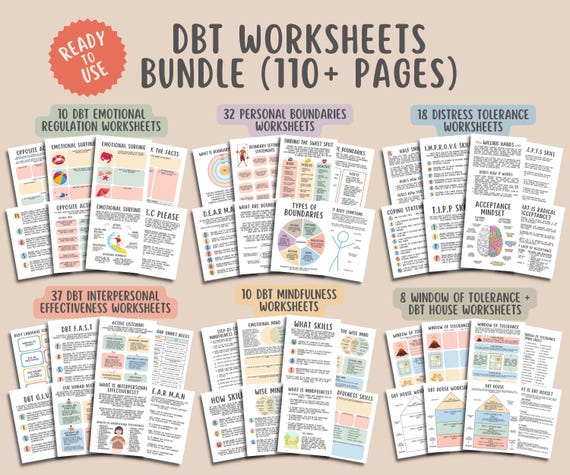 DBT Coping Skills Worksheets (100+ Pages) Interpersonal Relationships, Distress Tolerance, Personal Boundaries, Emotional Regulation Therapy