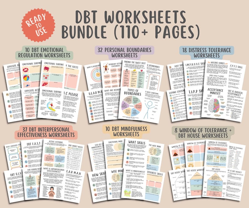 DBT Coping Skills Worksheets (100+ Pages), Interpersonal Relationships, Distress Tolerance, Personal Boundaries, Emotional Regulation