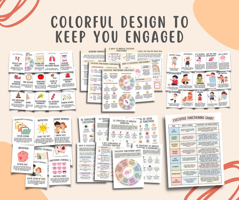May include: A colorful set of printable worksheets and charts designed to help improve executive functioning skills. The worksheets feature illustrations of children and animals, and include titles such as "10 Ways to Improve Executive Functioning", "What is Executive Functioning?", and "26 Strategies to Improve Working Memory".