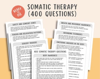 May include: A set of printable worksheets with 400 questions for somatic therapy. The worksheets are divided into categories such as safety and comfort zones, tension and relaxation patterns, sensory triggers, breath and movement awareness, grounding techniques, and emotional anchors in the body.