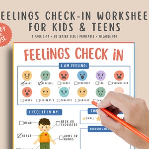 Feelings check-in worksheet, emotions identification via emojis, SEL Child Therapy, Coping skills fillable PDF, school counselor resources