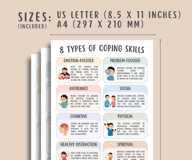 8 Types of Coping Skills Worksheets, Emotional Regulation, Depression and Anxiety Relief, Self-Care, PTSD, Grounding Strategy Mental Health