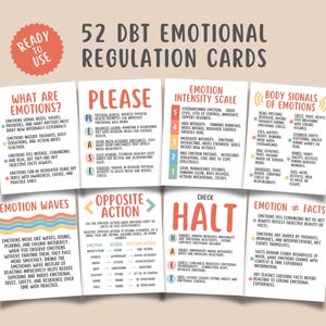 May include: A set of 52 DBT Emotional Regulation Cards. The cards are arranged in rows and columns, with titles like "What Are Emotions?" and "Emotion Intensity Scale." The cards feature text and diagrams to help with emotional regulation.