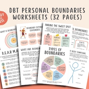 32 Personal Boundaries Worksheets, DBT therapy Workbook, Healthy Boundary and Self-Care Book, Setting Boundaries Relationship Workbook