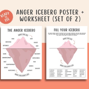 Hojas de trabajo del iceberg de la ira (juego de 2), manejo de la ira, habilidades para afrontar la ira, autorregulación, recursos de terapia calmante para la salud mental
