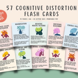 57 tarjetas de distorsión cognitiva, tarjetas de habilidades de afrontamiento DBT, formas inútiles de pensar errores CBT salud mental autoayuda regalo consejero escolar