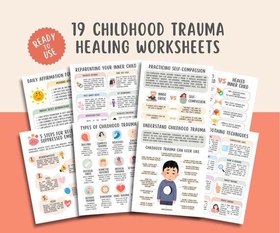 Childhood Trauma Healing Worksheets (19 Pages), Reparenting Inner Child Healing,  Somatic Coping Skills, PTSD, Crisis Therapy, Panic Attacks