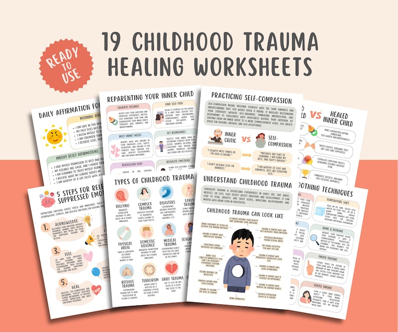 Childhood Trauma Healing Worksheets (19 Pages), Reparenting Inner Child Healing,  Somatic Coping Skills, PTSD, Crisis Therapy, Panic Attacks