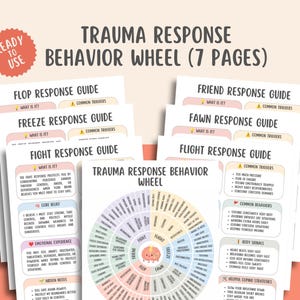 May include: A seven-page trauma response behavior wheel educational set. The pages feature guides for fight, flight, freeze, fawn, flop, and friend responses, including text on triggers, core beliefs, emotional experiences, and coping strategies.