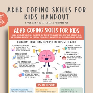 ADHD Coping Skills for Kids Handout, Executive Function, Attention Deficit Hyper Activity Disorder Grounding Techniques ADD Child Strategies