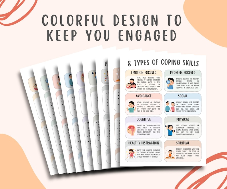 8 Types of Coping Skills Worksheets, Emotional Regulation, Depression and Anxiety Relief, Self-Care, PTSD, Grounding Strategy Mental Health