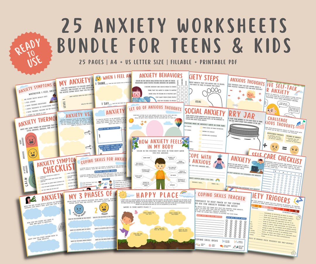 25 Anxiety Worksheets Bundle for Kids & Teens, Mental Health Counseling