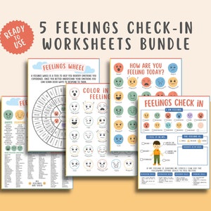 5 werkbladen voor het inchecken van gevoelens, gevoelenslijst, emotieswiel, SEL-kindertherapie, kalmerende hoekschooladviseur, copingvaardigheden invulbare pdf
