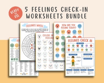 5 Feelings check-in worksheets, Feelings List Emotions Wheel, SEL Child Therapy, Calming Corner School Counselor, Coping Skills Fillable PDF