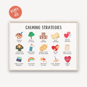Póster de 15 estrategias calmantes, técnicas de puesta a tierra, impresiones de rincones calmantes, alivio de la ansiedad, educación en el hogar Montessori, póster de salud mental PDF
