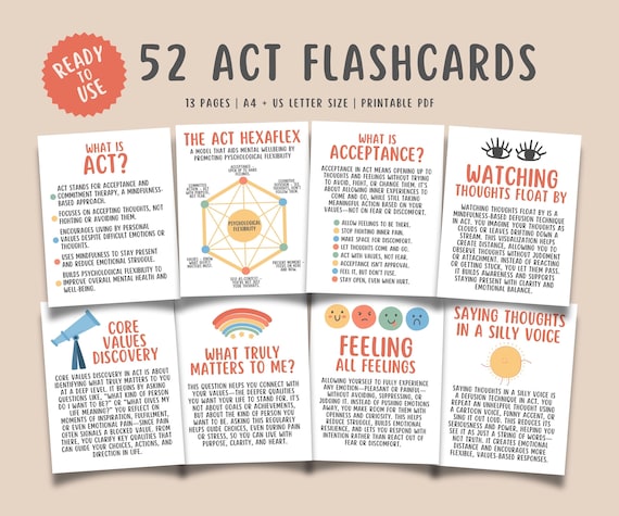 52 ACT Flashcards, Acceptance and Commitment Coping, Mental Health Counseling Tools, Therapy Cheat Sheet, ACT Skills, Mindfulness Cards