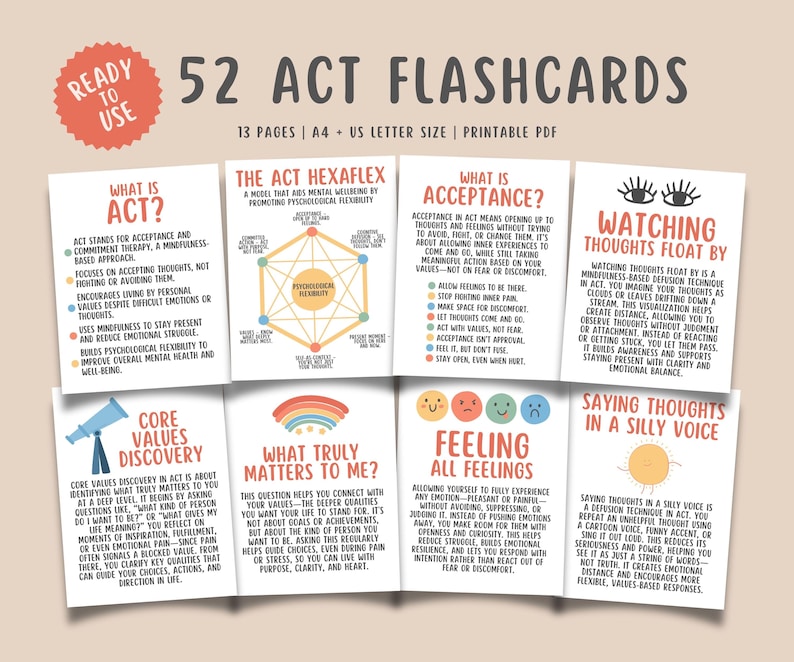 52 ACT Flashcards, Acceptance and Commitment Coping, Mental Health Counseling Tools, Therapy Cheat Sheet, ACT Skills, Mindfulness Cards