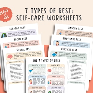 May include: A collection of self-care worksheets detailing 7 types of rest. The worksheets feature colorful illustrations and text, including "Creative Rest," "Social Rest," and "Mental Rest." The title "7 Types of Rest: Self-Care Worksheets" is displayed at the top.