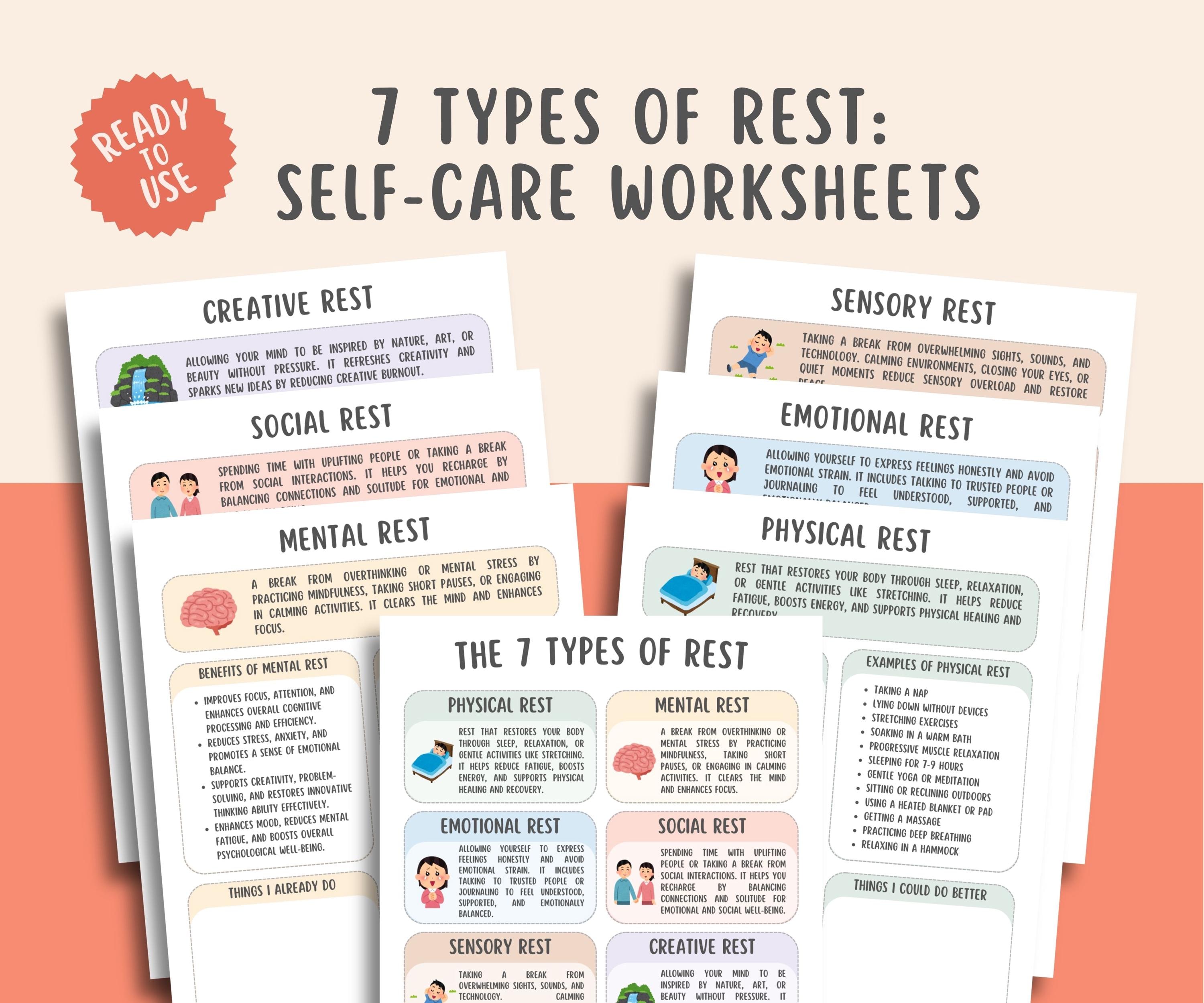 7 Types of Rest Self-care Worksheets, Mental Health Resources, Calming ...