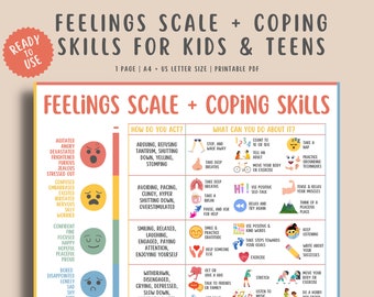 Feelings Coping Skills For Teens & Kids, Emotions Scale Chart, Children Grounding Techniques, Mental Health Awareness, Therapy Counselor