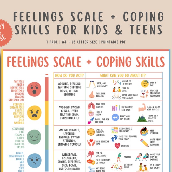 Feelings Coping Skills For Teens & Kids, Emotions Scale Chart, Children Grounding Techniques, Mental Health Awareness, Therapy Counselor