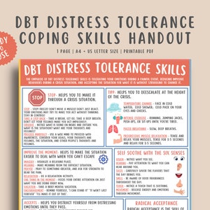 May include: A pink and white printable handout with the title "DBT Distress Tolerance Coping Skills Handout". The handout features a stop sign with the text "Stop - Helps you to make it through a crisis situation." and a list of coping skills for managing distress.