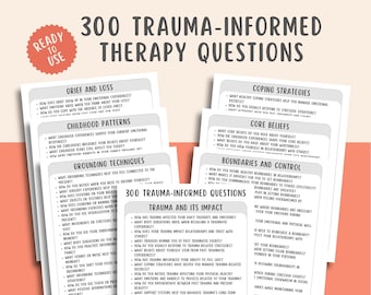 Puede incluir: Un conjunto de hojas de trabajo imprimibles con 300 preguntas de terapia informadas sobre el trauma. Las preguntas están organizadas en categorías como el dolor y la pérdida, los patrones de la infancia, las técnicas de conexión a tierra, las estrategias de afrontamiento, las creencias centrales y los límites y el control.