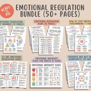 Op de afbeelding: Een bundel voor emotieregulatie met meer dan 50 pagina's aan werkbladen, kaarten en gidsen. De collectie bevat secties over CGT-driehoeken, emotieregulatieplannen, piekercycli, DGT-kaarten, intensiteitsschalen en werkbladen voor gedachten.