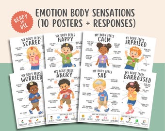 Emotie Lichaamssensaties Posters, gevoelens Lichaamssignaal, emotionele regulatie, interoceptie, coping-vaardigheden, sociaal-emotioneel leren